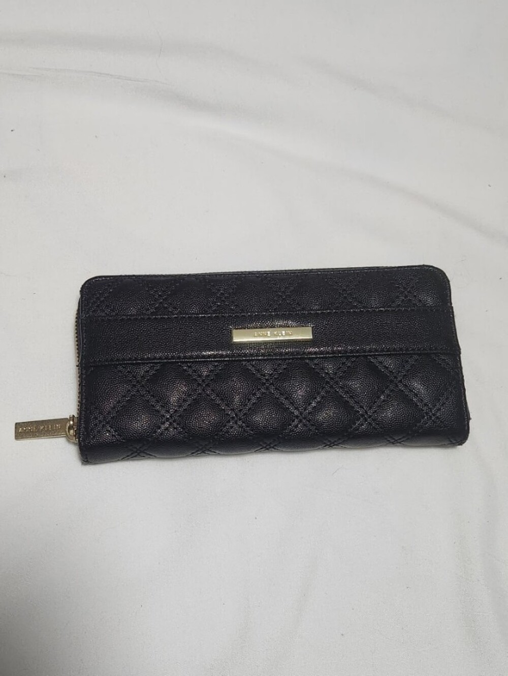 Anne Klein Black Quilted Zip Around Wallet with Gold Hardware